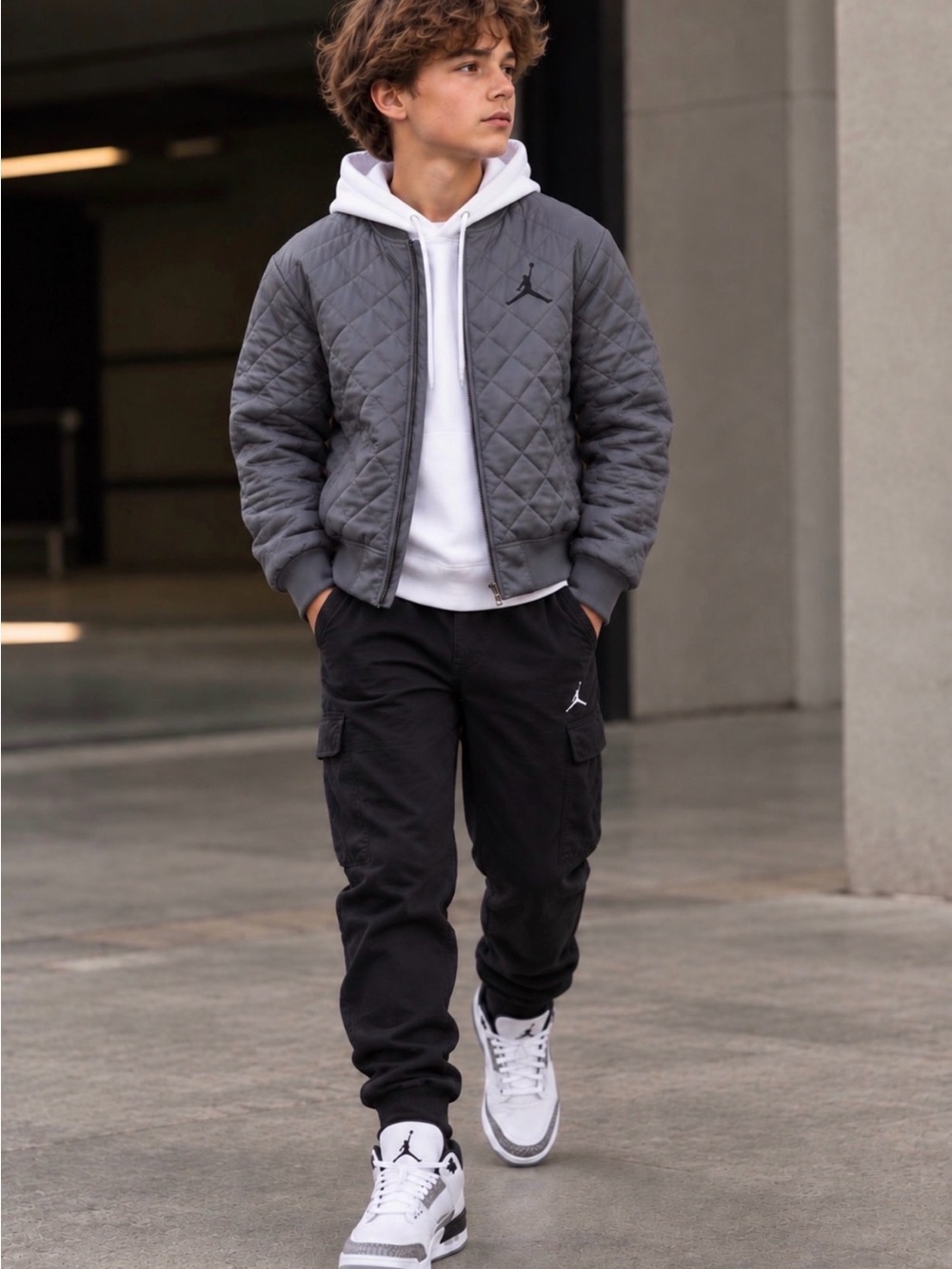 Kids Jordan Quilted Full Zip Bomber Jacket Gray Size Large